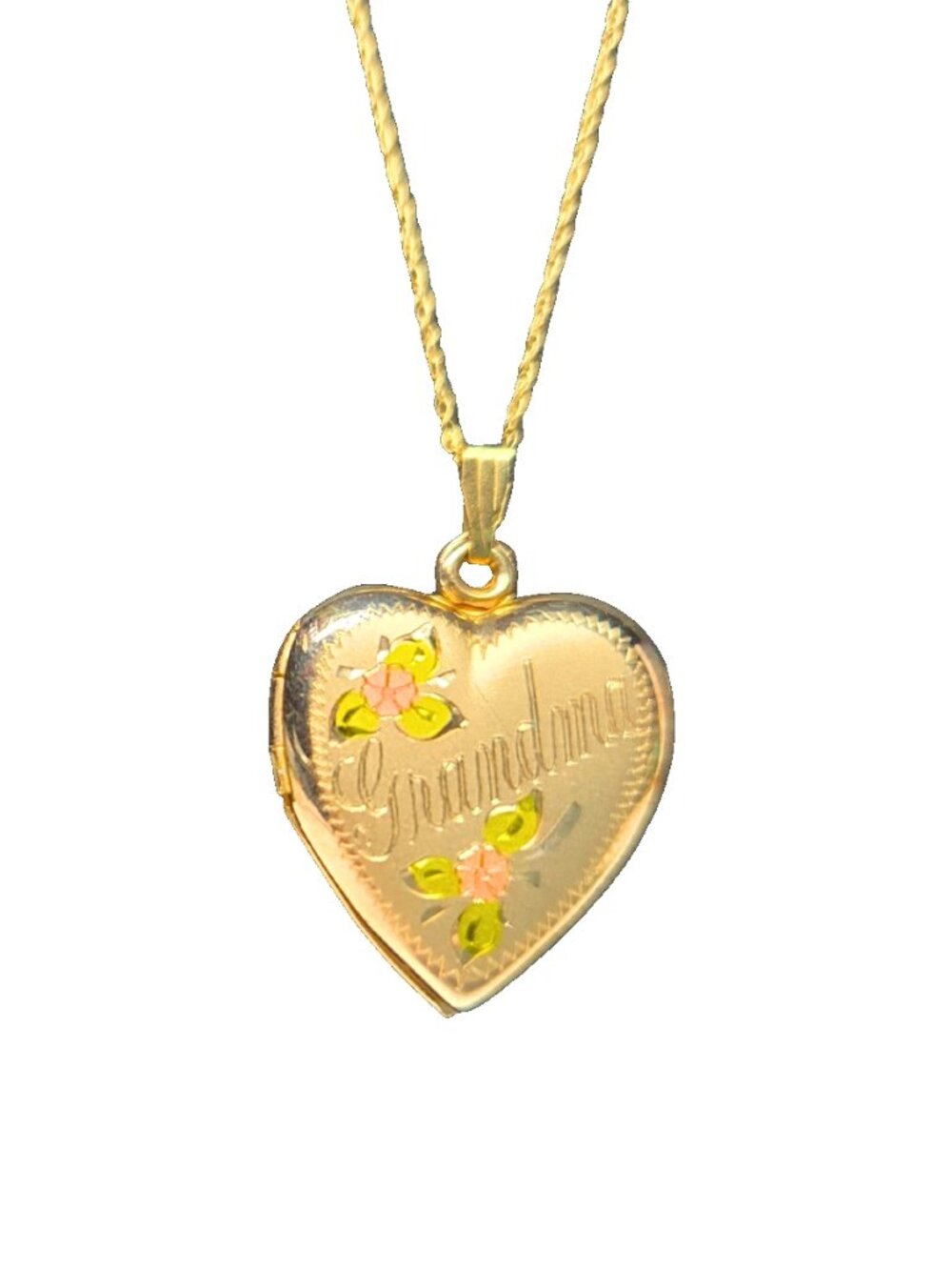 Vintage 1/20 14kt Gold Filled Grandma Engraved Pink Flower Heart Locket Necklace